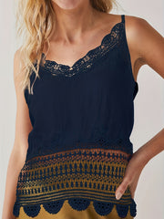Embroidered Lace Cami Top Boho Crew Neck Sleeveless Summer Women's Clothing