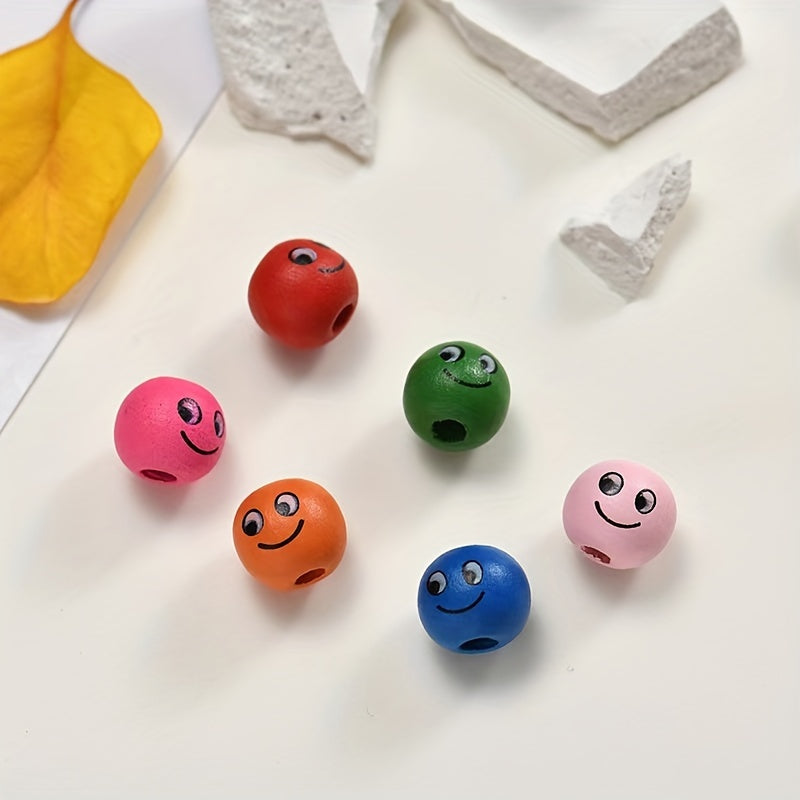 20pcs Colorful Happy Face Doll Head Wooden Beads 14mm DIY Bead Accessories