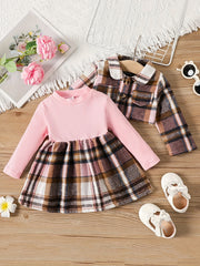 Toddler Baby Girls Patchwork Plaid Dress Coat 2pcs Set