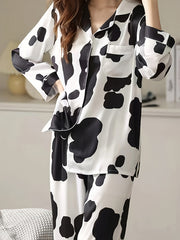 Cow Pattern Pajama Set Long Sleeve Top & Full Print Pants Women's Loungewear