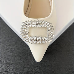 Women's Rhinestone Decor Slip On Low Point Toe Block Heel Glitter Shoes