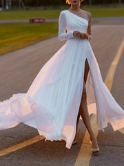 Solid Split Thigh Mesh Sleeve Maxi Party Dress