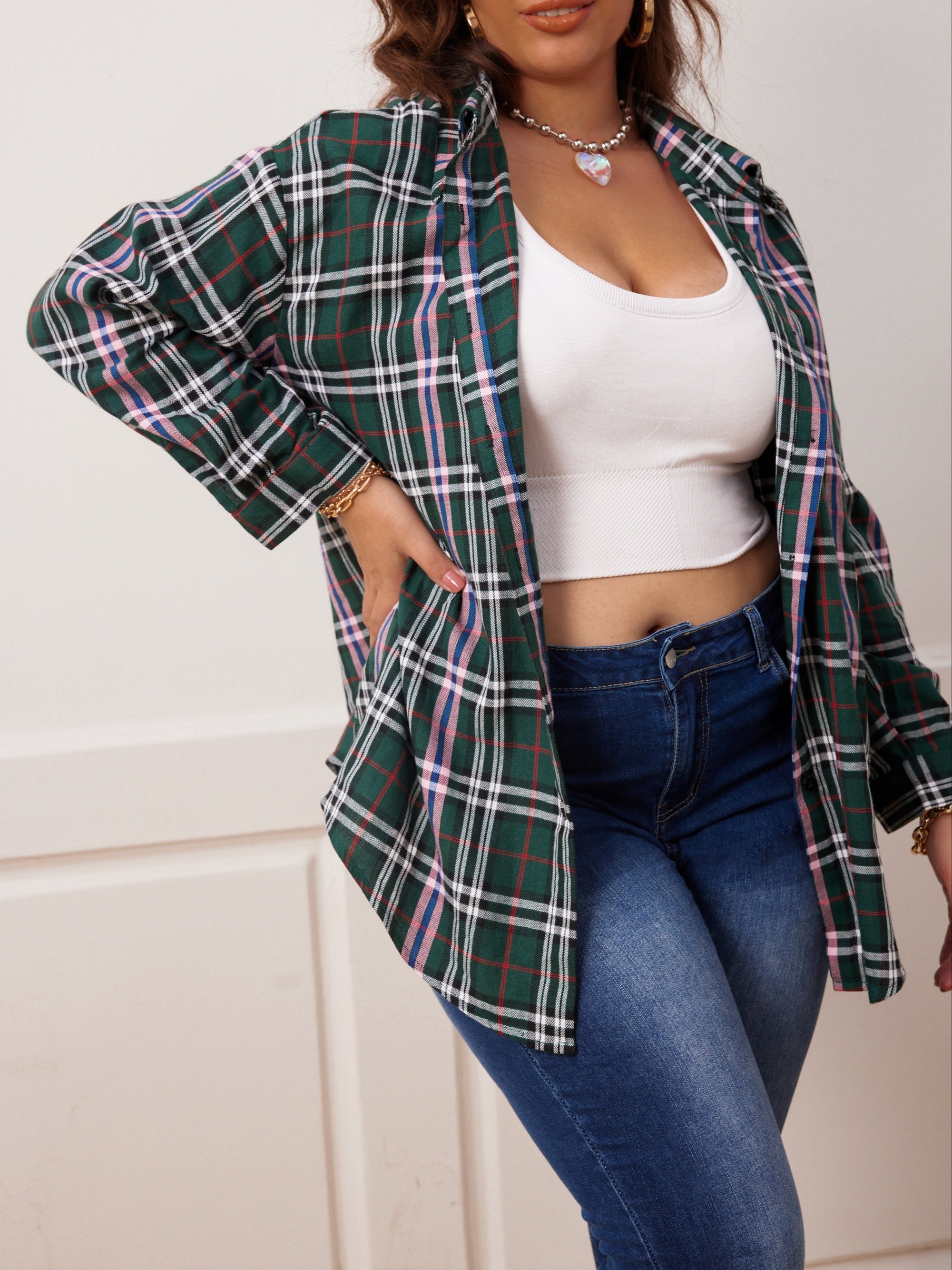 Plaid & Slogan Print Long Sleeve Button Up Shirt