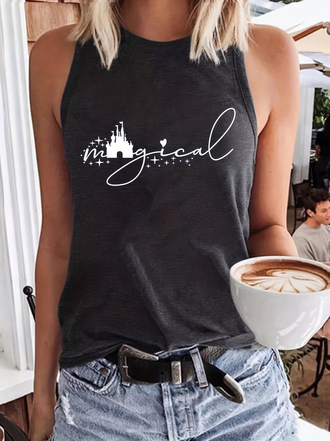 Castle & Letter Print Tank Top Sleeveless Casual Top for Women