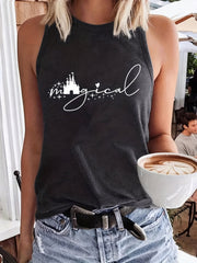 Castle & Letter Print Tank Top Sleeveless Casual Top for Women