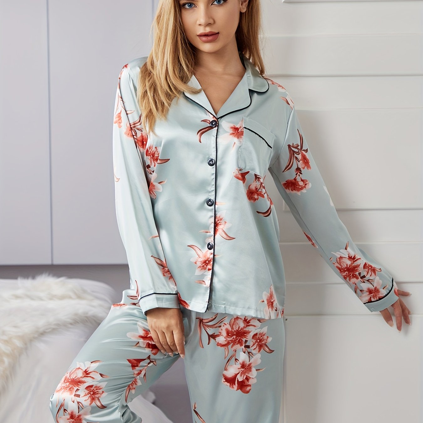 Floral Satin Pajama Set Long Sleeve Top & Pants