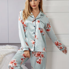 Floral Satin Pajama Set Long Sleeve Top & Pants