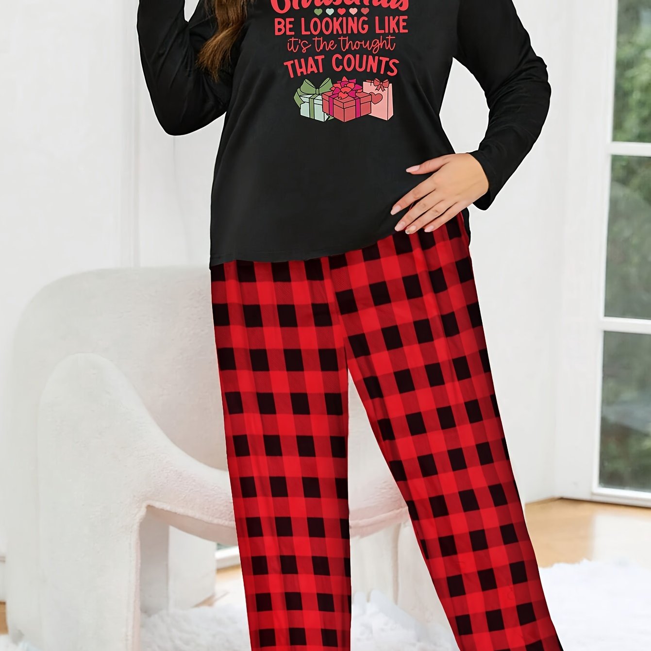 Christmas Pajama Set Women's Long Sleeve Tee & Plaid Pants Loungewear