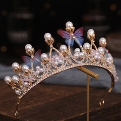Baroque Faux Pearl Rhinestone Crown Tiara Butterfly Hairband