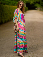 Boho Tie Dye Bat Sleeve V Neck Cover Up Dress