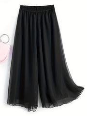 Ruched Wide Leg Pants Elastic Waist Summer Casual Solid