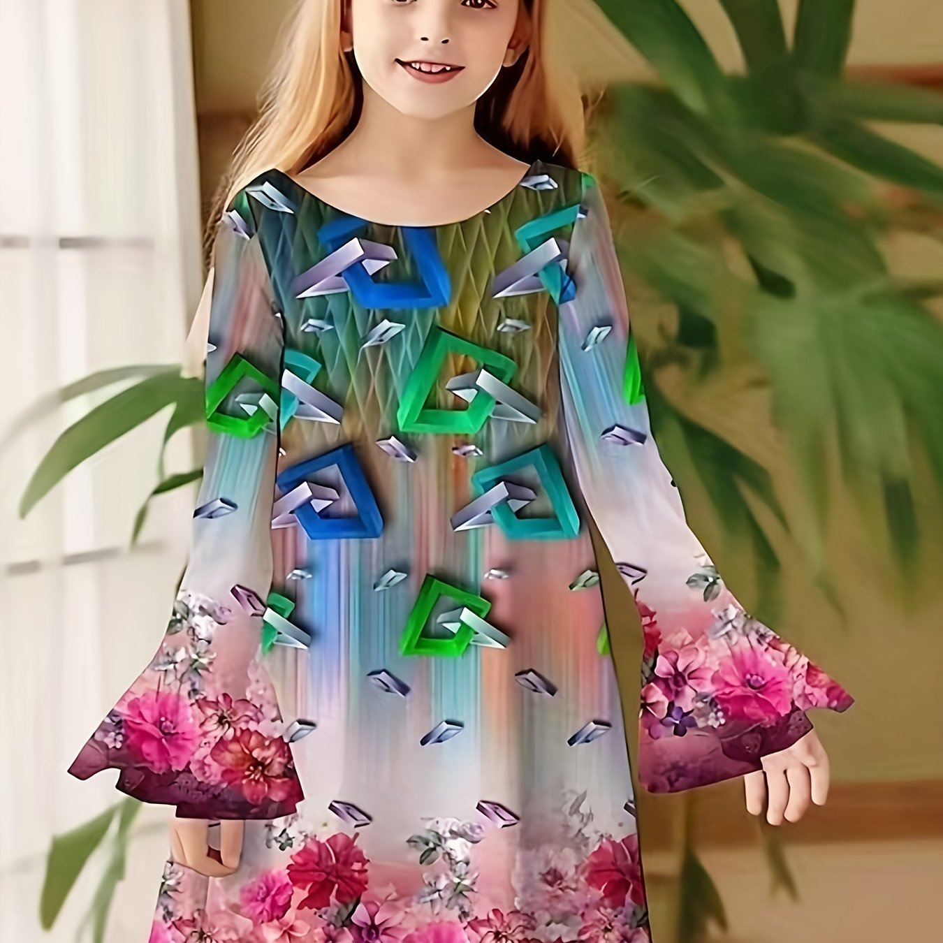 Girls Flower Graphic Crew Neck Long Sleeve Dress