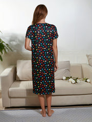 Heart Print Lounge Dress Short Sleeve Crew Neck Women's Loungewear