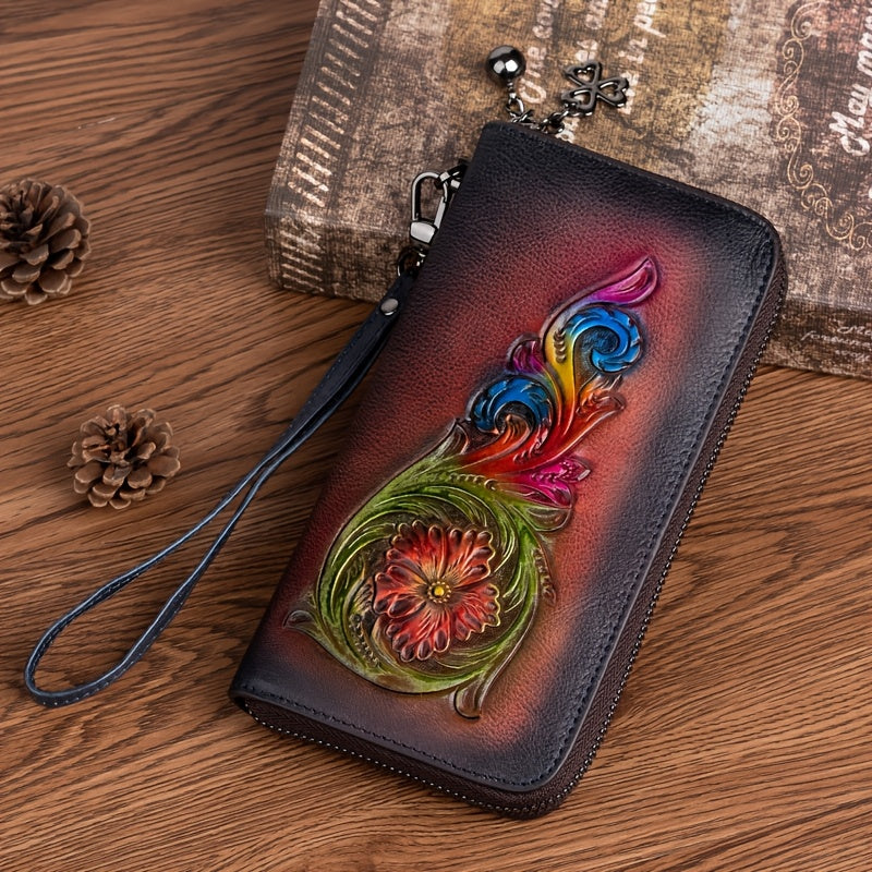 Vintage Floral Leather Wristlet Wallet for Women