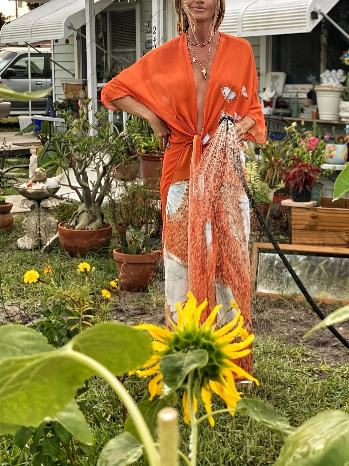 Orange Butterfly Print V Neck 2 Piece Beachwear Knot Front Kaftan Pants