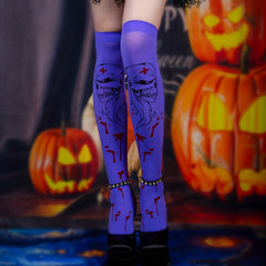 Skull Print Thigh High Socks Lace Over The Knee Stockings