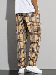 Vintage Plaid Cargo Pants Men's Flap Pocket Straight Trousers