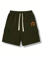 XO Pattern Comfy Shorts Men's Solid Knee Elastic Waist Drawstring Shorts