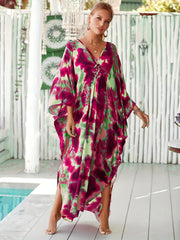 Boho Abaya Dress Women's Plus Tie Dye Batwing Sleeve V Neck Split Maxi