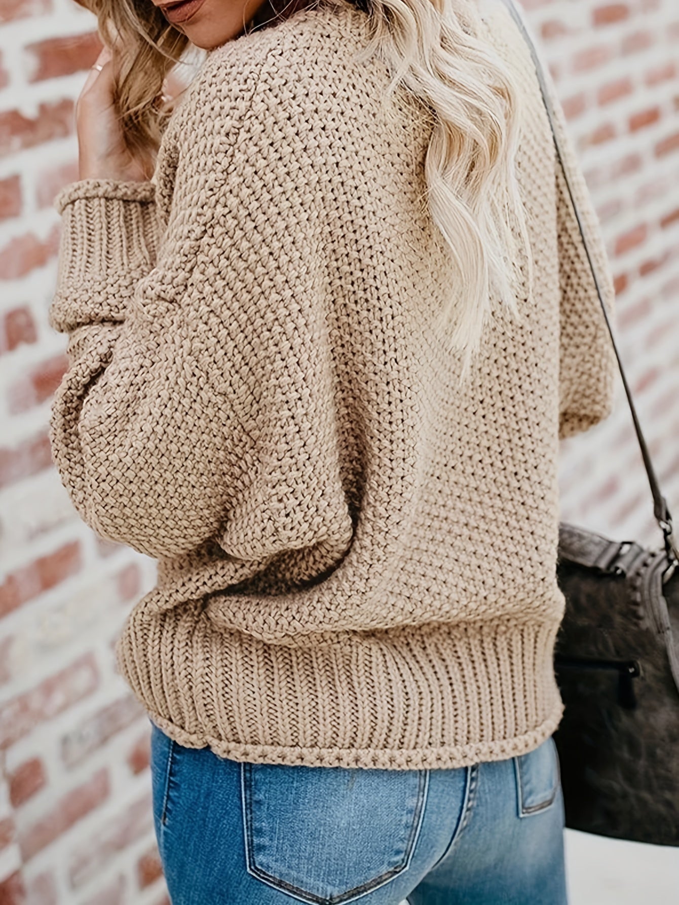 Casual Sweater Solid Bat Sleeve V Neck Stretch Jumper