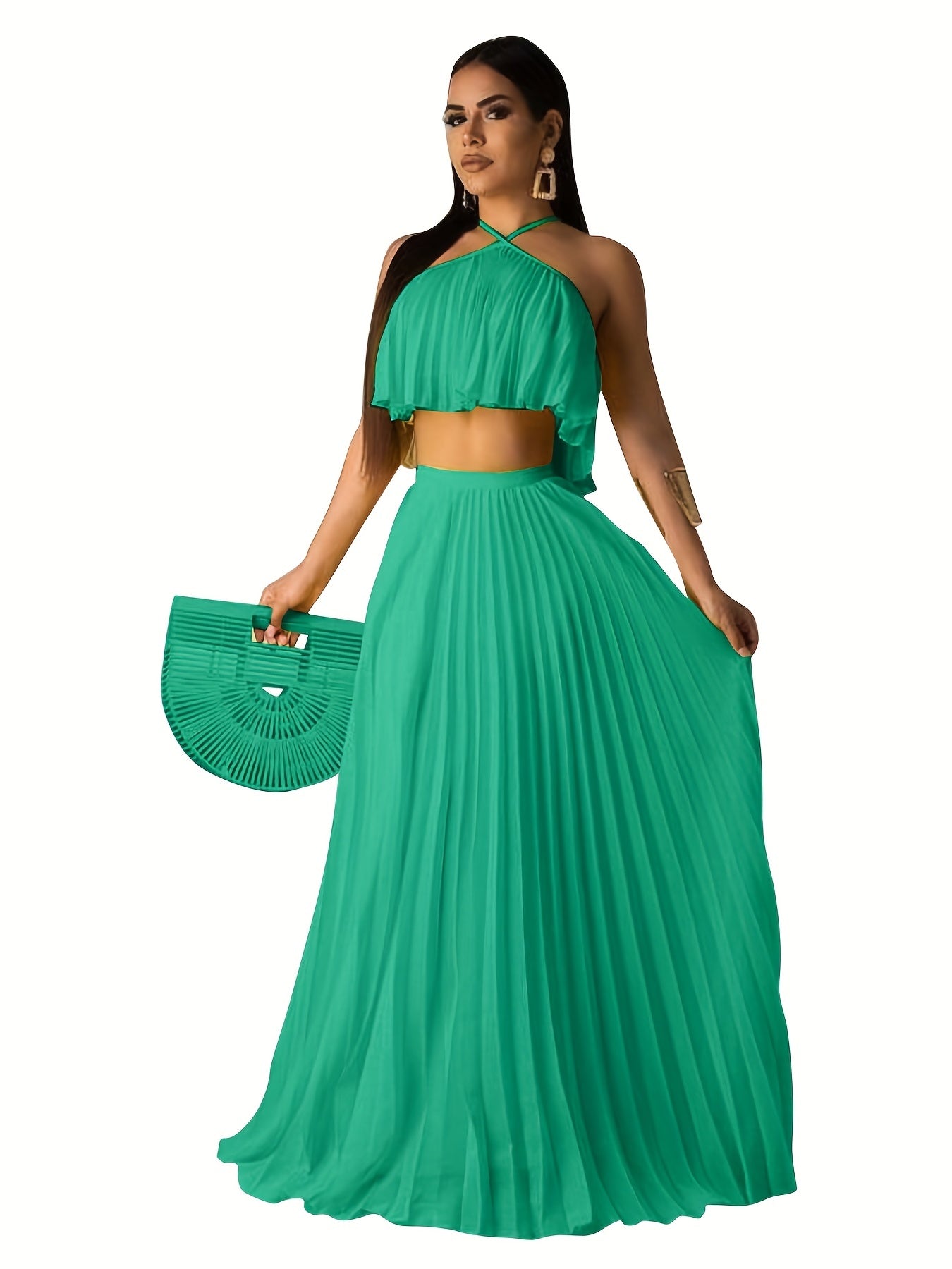Pleated Two-Piece Set Spaghetti Top & Maxi Skirt Women's Outfit