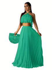 Pleated Two-Piece Set Spaghetti Top & Maxi Skirt Women's Outfit