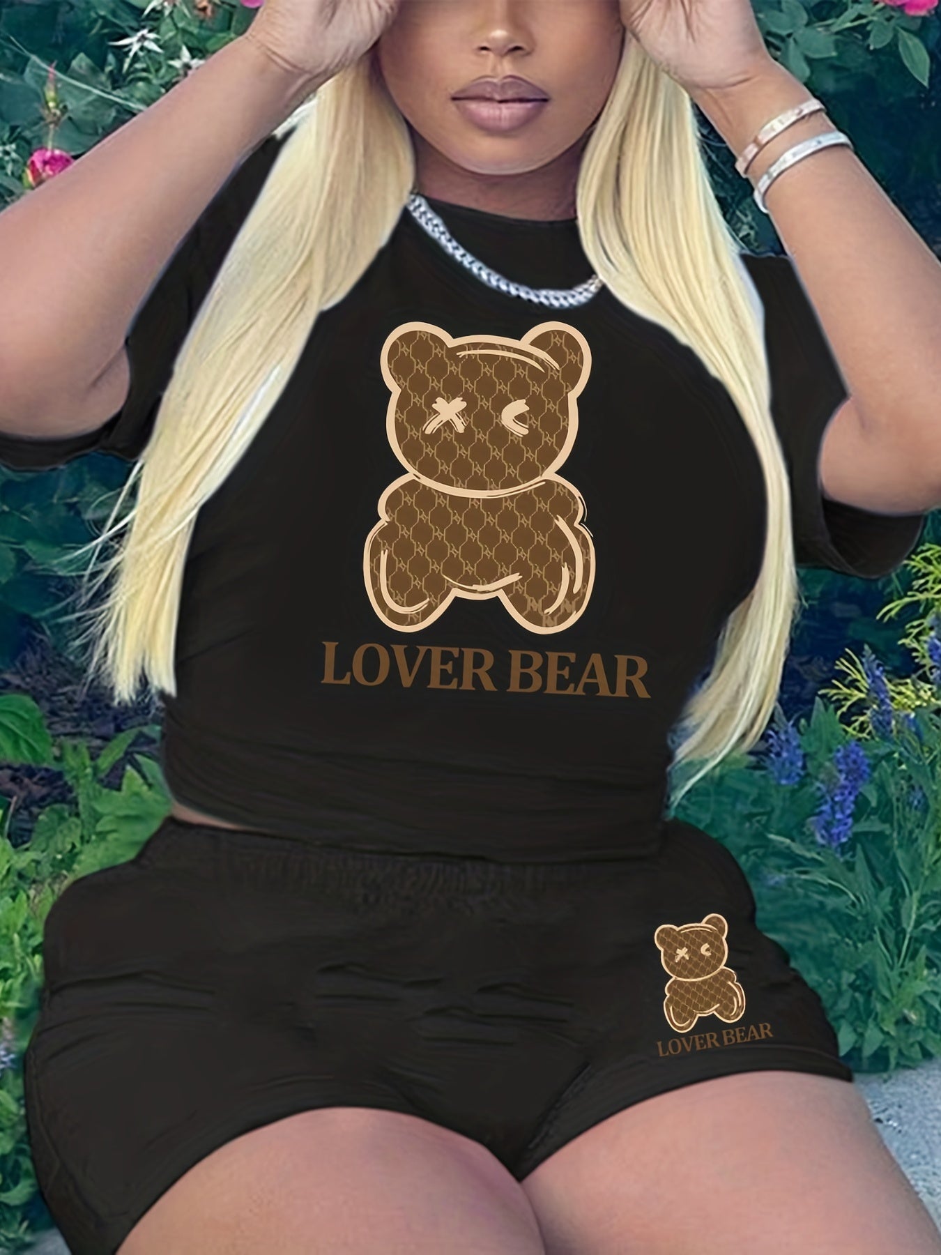 Cartoon Bear Print Casual Two piece Set Short Sleeve T shirt & Slim Shorts