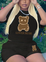 Cartoon Bear Print Casual Two piece Set Short Sleeve T shirt & Slim Shorts
