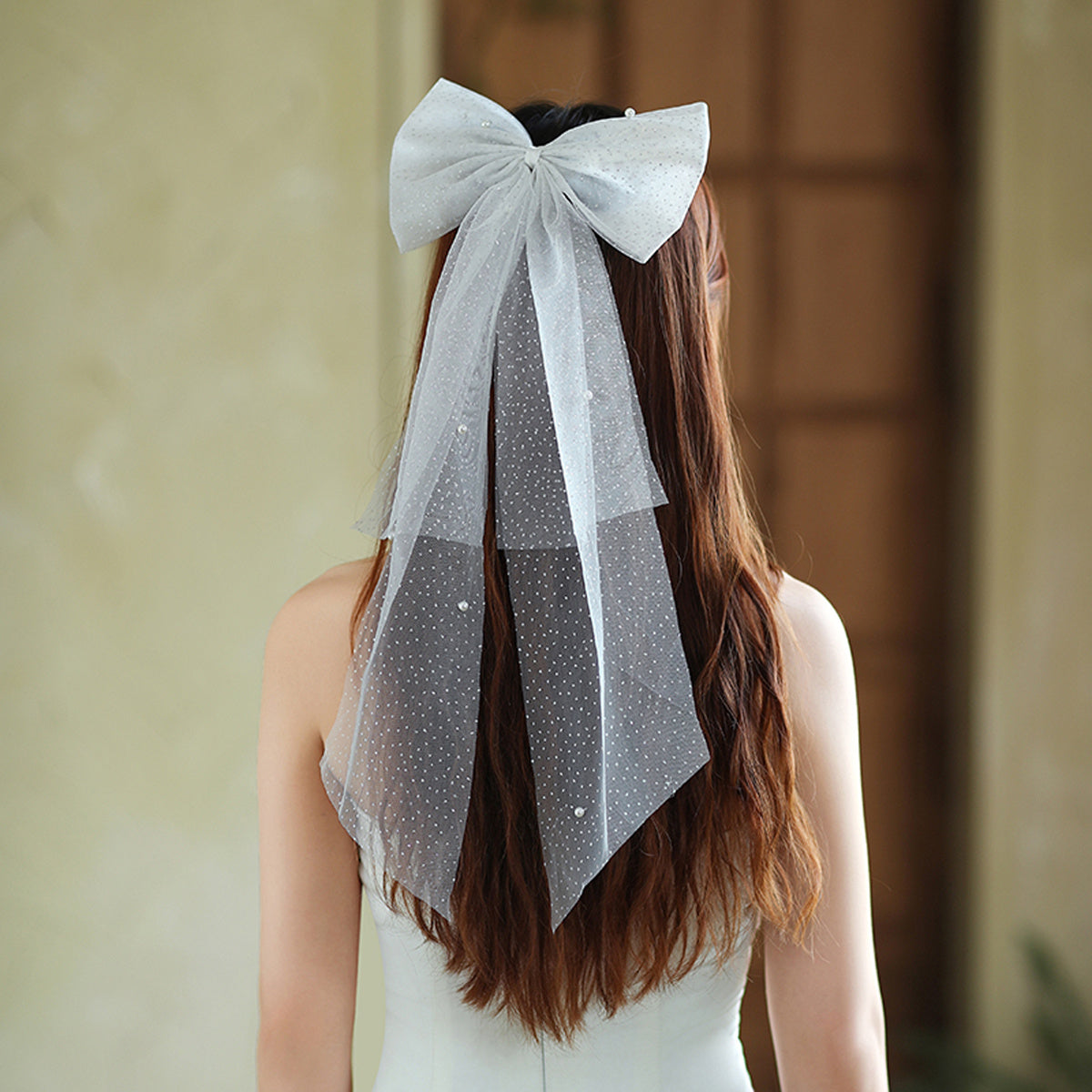 Bridal Hair Bow with Mesh Veil for Wedding Prom Party
