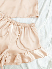 Satin Pajama Set V Neck Cami & Ruffle Shorts Sleepwear