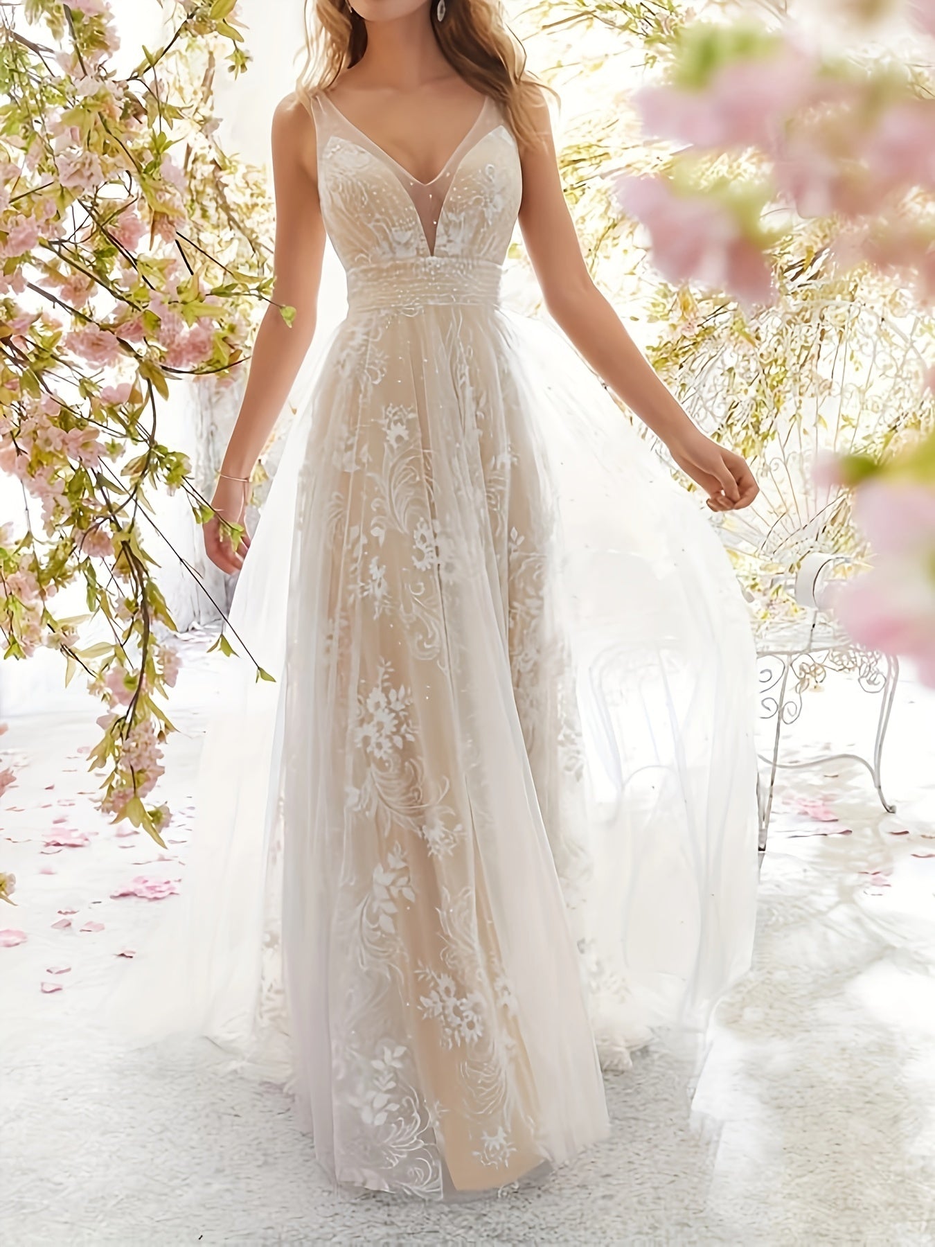 Pleated High Waist Wedding Dress V Neck Sleeveless Maxi Dress