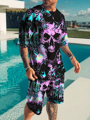 Men's Stylish Skull Graphic T-shirt & Comfy Shorts Set for Outdoor