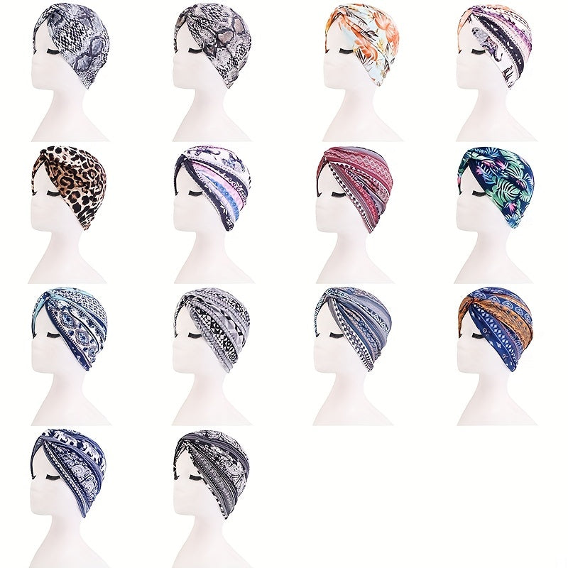 Boho Print Pleated Turban Hat Striped Head Wrap Cross Knot Stretchy Hijab Beanie
