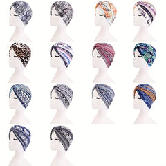 Boho Print Pleated Turban Hat Striped Head Wrap Cross Knot Stretchy Hijab Beanie