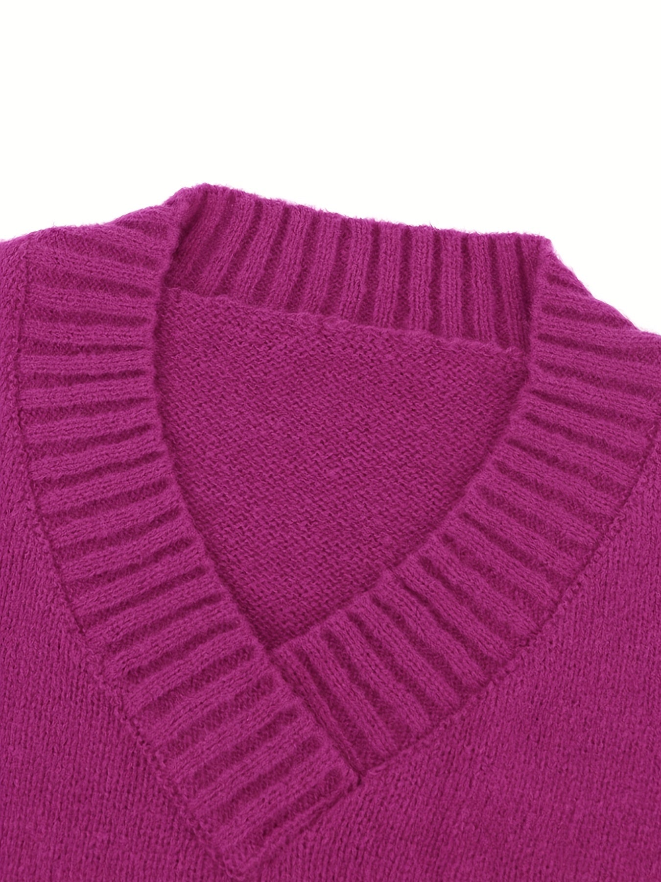 V Neck Drop Shoulder Knit Sweater Long Sleeve Casual Pullover