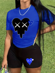 Heart Print 2pc Set Crew Neck Short Tee & Slim Shorts