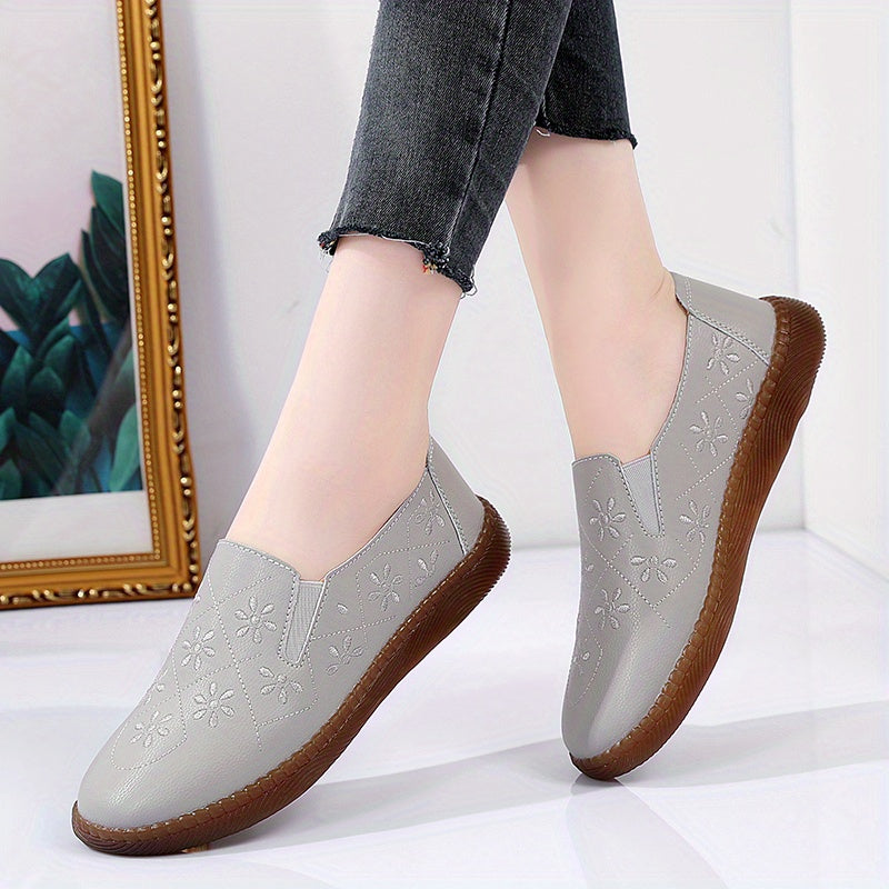 Floral Embroidered Loafers Lightweight Faux Leather Flats Slip On Shoes