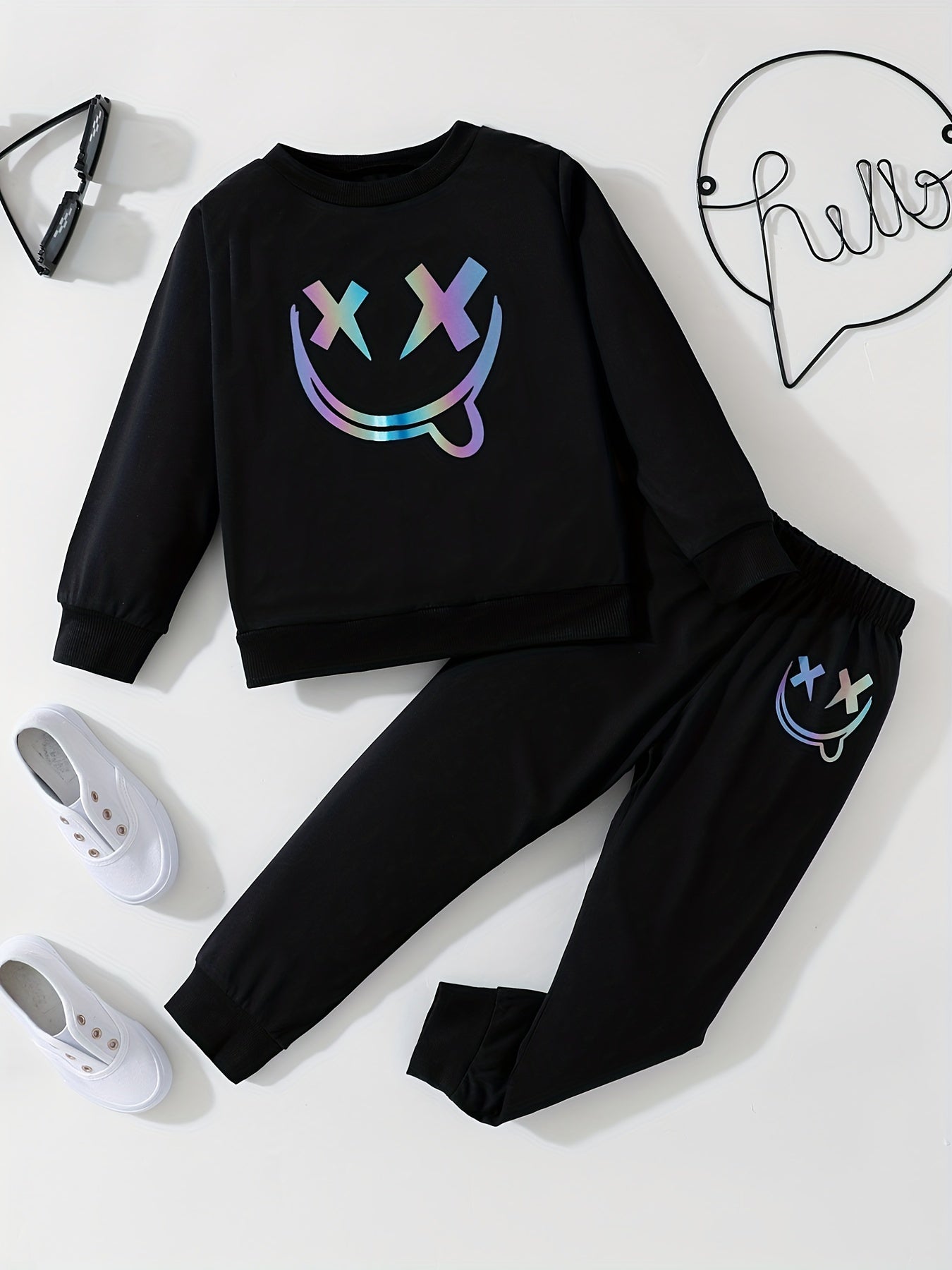 Happy Face Pattern Boy's 2pcs Sweatshirt & Sweatpants Set