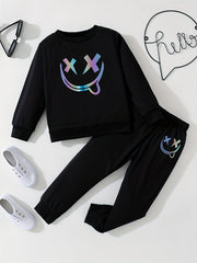 Happy Face Pattern Boy's 2pcs Sweatshirt & Sweatpants Set
