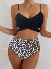 Criss Cross V Neck Tie Back 2 Piece Swimsuit High Cut Spaghetti Straps Bikini