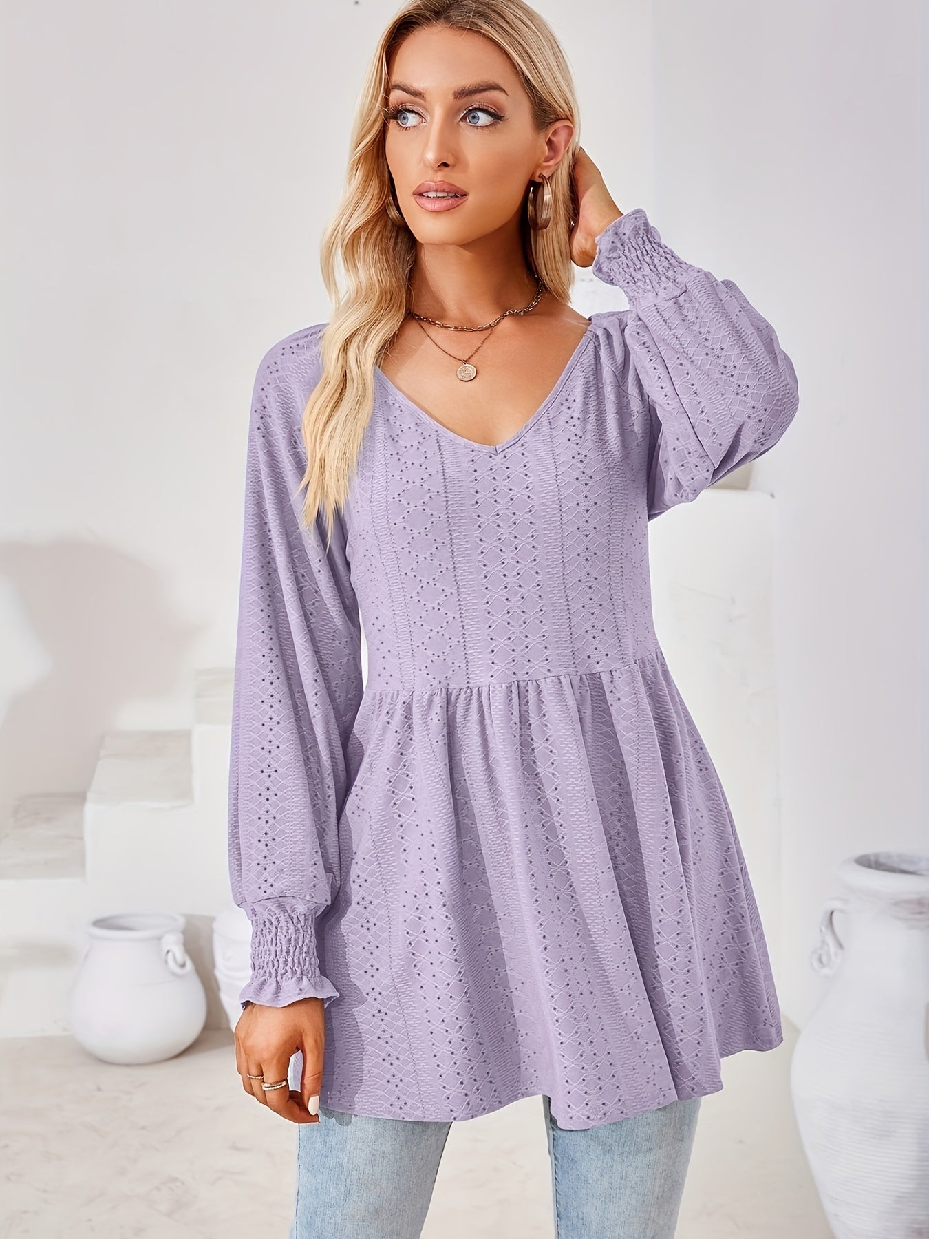 Eyelet Embroidered Lantern Sleeve Top