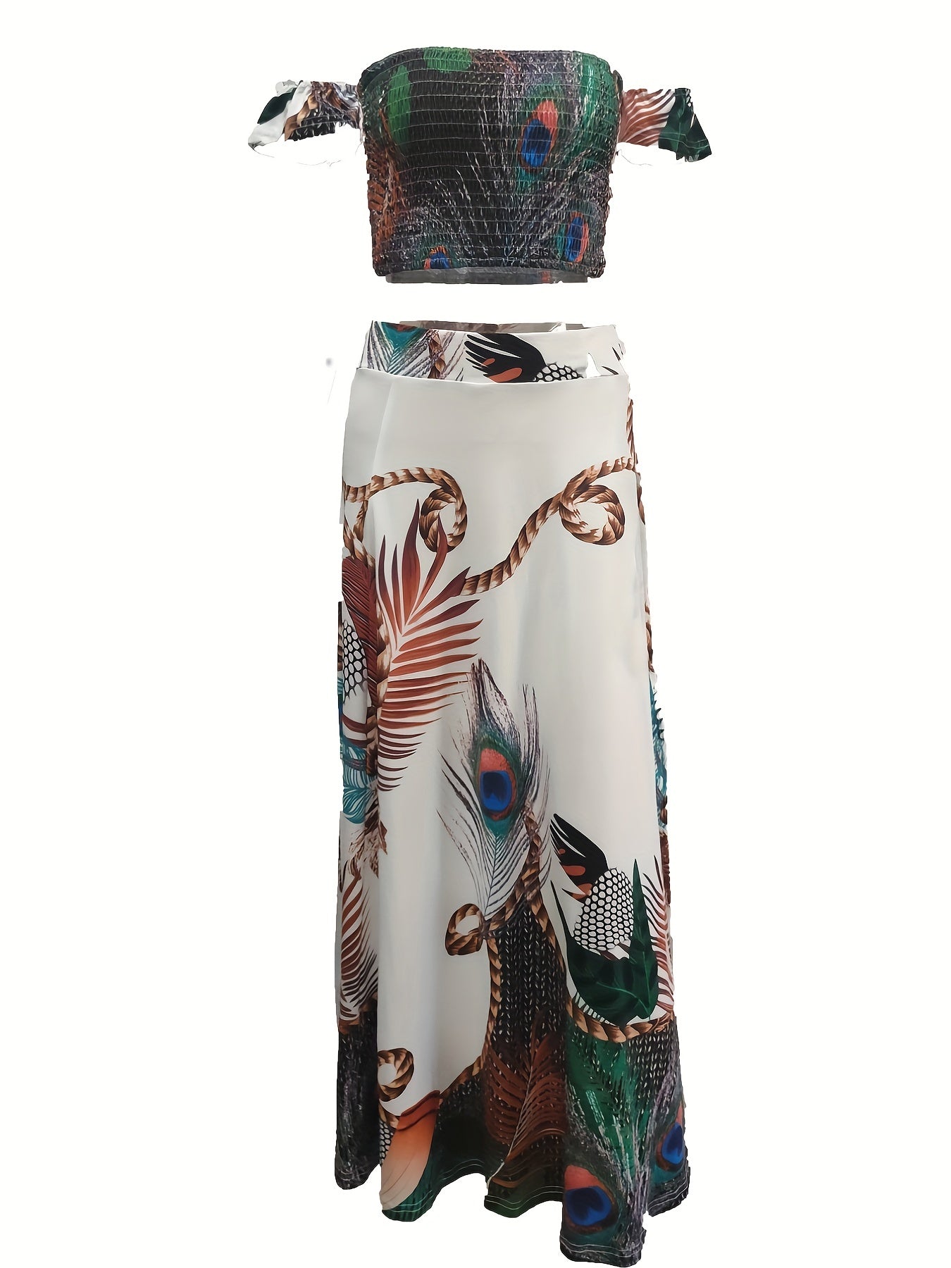 Peacock Print Boho 2pc Set Off Shoulder Tube Top & Split Maxi Skirt
