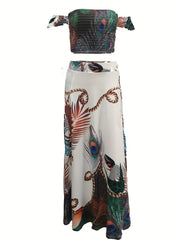 Peacock Print Boho 2pc Set Off Shoulder Tube Top & Split Maxi Skirt