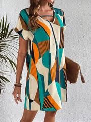 Geo Print Summer Dress Casual Short Sleeve V Neck Mini Dress