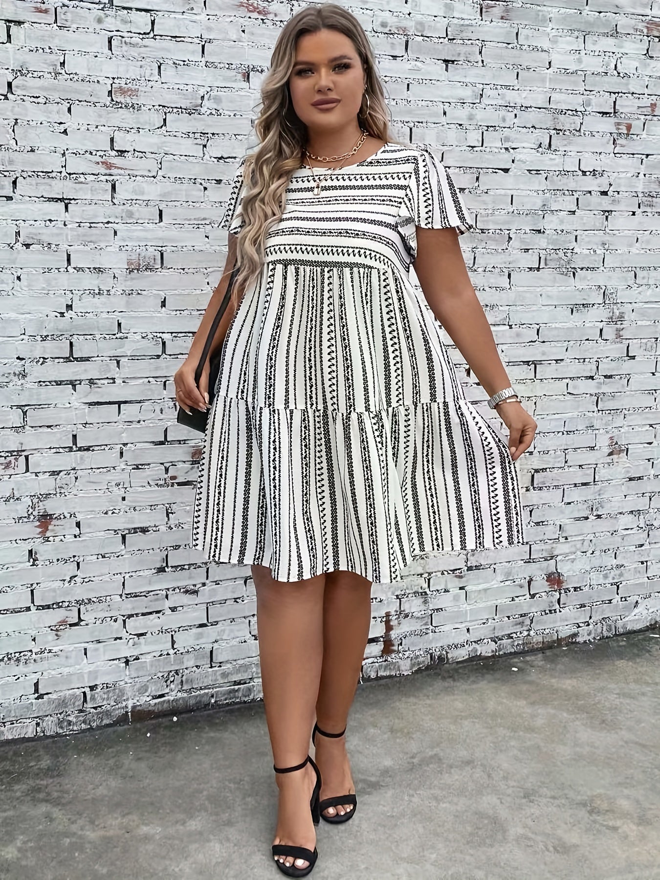 Women's Plus Geo Stripe Print Ruffle Sleeve Boho Dress