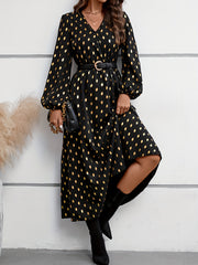Golden Dot Print Lantern Sleeve V Neck Maxi Dress