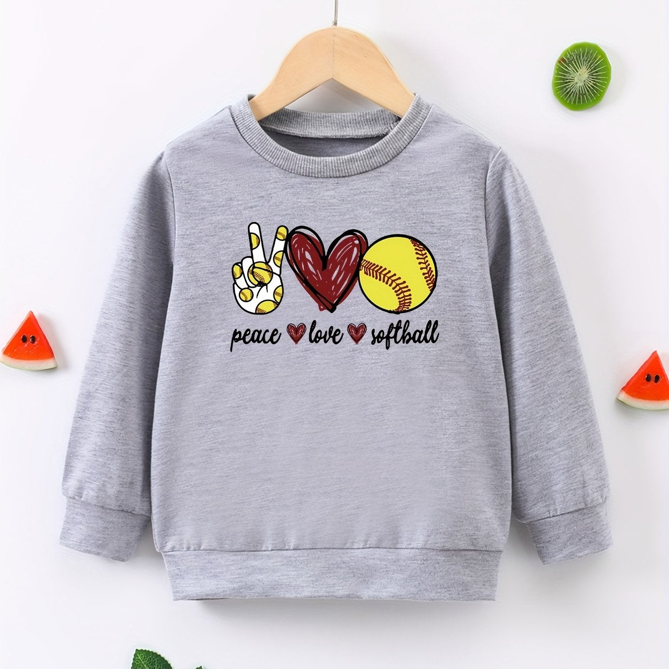 Girls Round Neck Sweatshirt Peace Love Softball Casual Comfort Fit