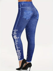 Floral Denim Print Leggings High Waist Workout Leggings
