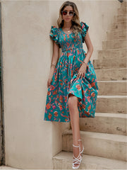 Floral Print Ruffle Dress V Neck Short Sleeve Shirred Dress