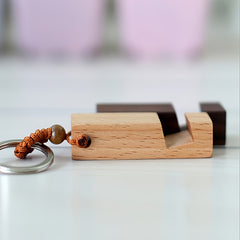 Retro Wood Phone Holder Stand Keychain Car Keyring Ornament Accessory